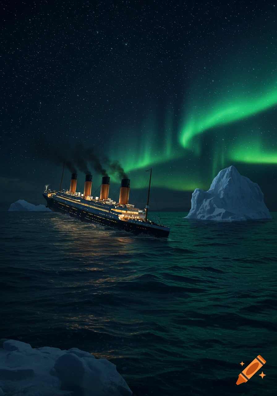 Photorealistic Titanic sinking by icebergs at night under a star-filled sky with green aurora borealis.