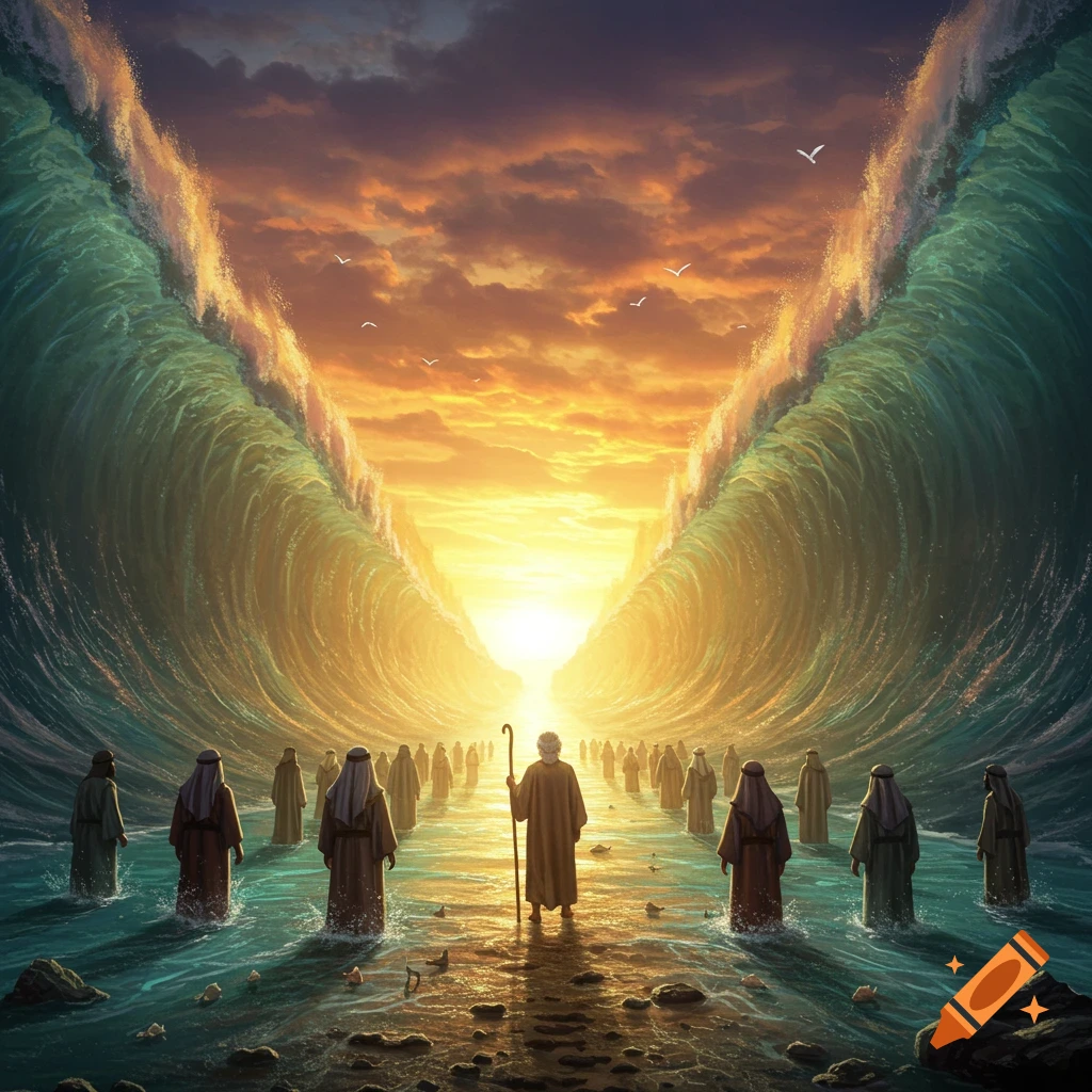 Moses leads a crowd through the parted Red Sea, towering waves on either side under a dramatic sunset.