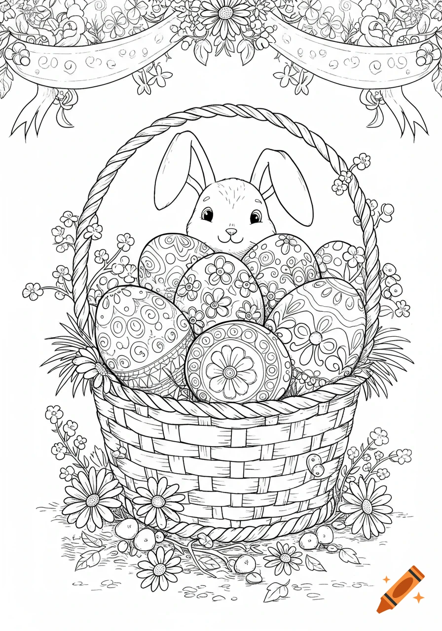 A black and white line art illustration for a coloring book, featuring an Easter bunny peeking from a basket filled with patterned eggs and surrounded by flowers.
