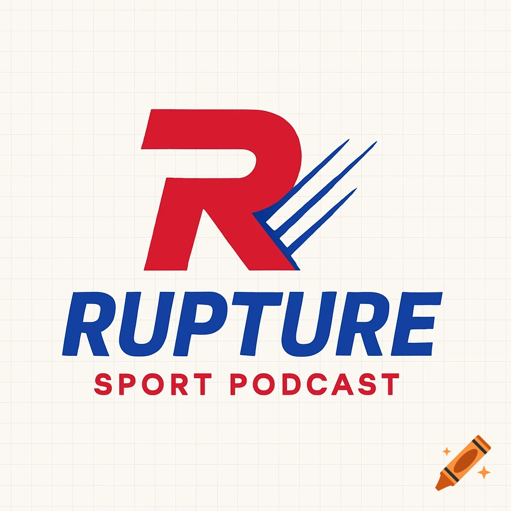 A red R logo with blue speed lines above "RUPTURE" in blue text and "SPORT PODCAST" in red text on a light grid background.