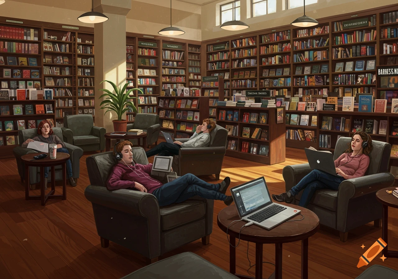 A cozy bookstore with people sitting in armchairs, reading, and using laptops.