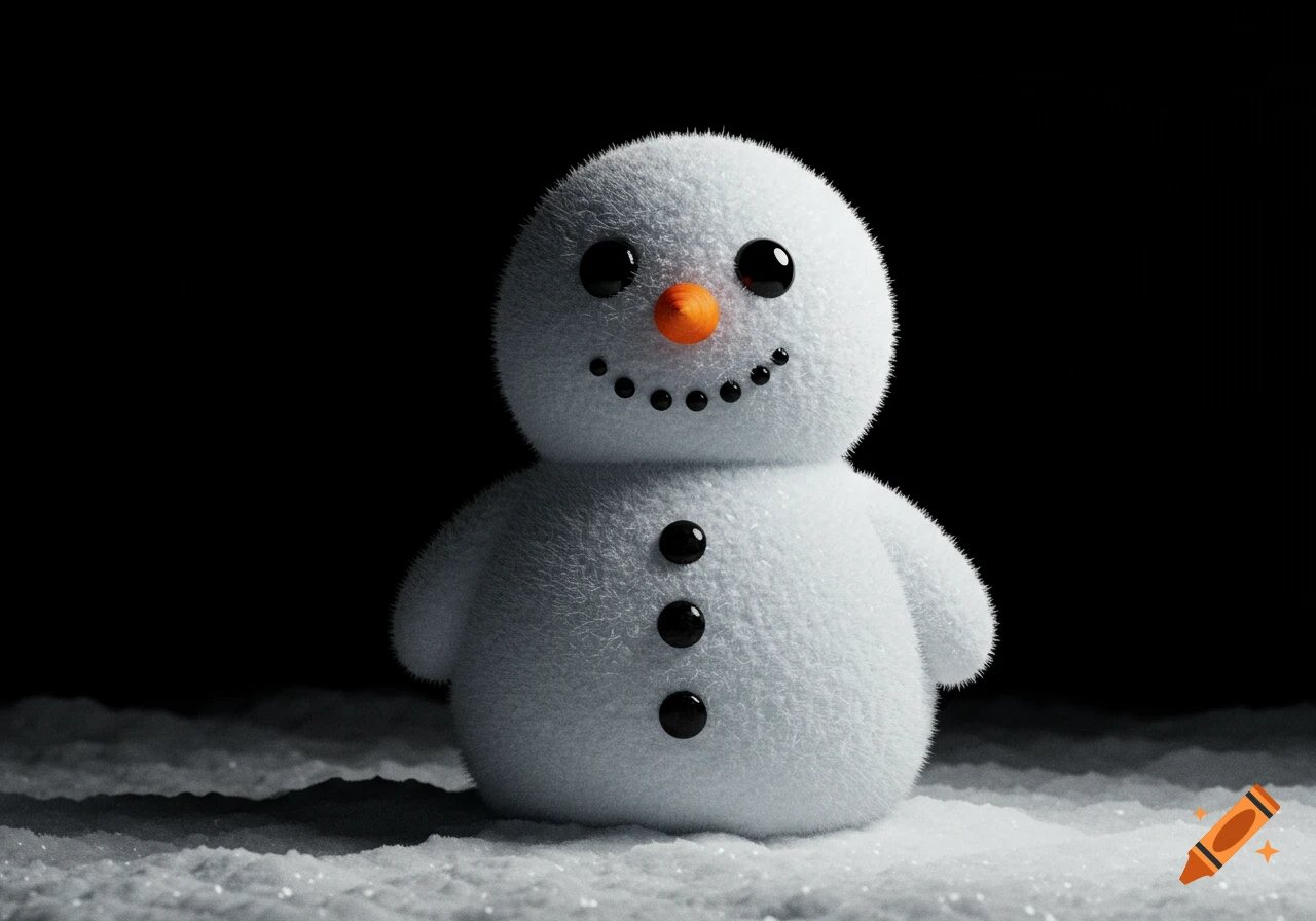 A fluffy white snowman with black beady eyes, an orange carrot nose, and a dotted smile, standing on snow against a black background.
