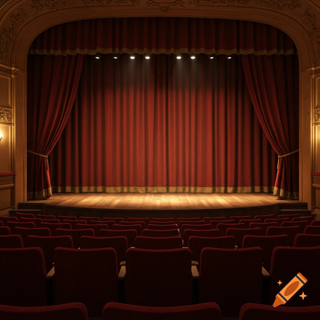 A photorealistic view from the audience of a grand, empty theater stage with red curtains, spotlights, and rows of red seats.