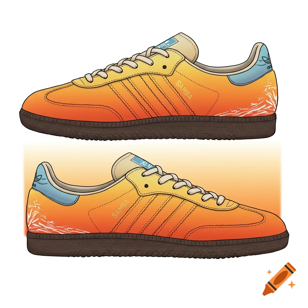 Two orange and yellow Adidas Samba sneakers with light blue accents and white wave patterns on the heel, depicted in an illustration style.
