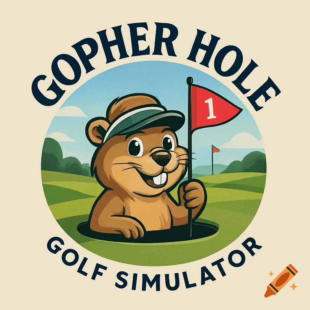 Cartoon gopher wearing a visor, peeking from a golf hole, holding a red flag with '1'. Text reads 'GOPHER HOLE GOLF SIMULATOR' around it.