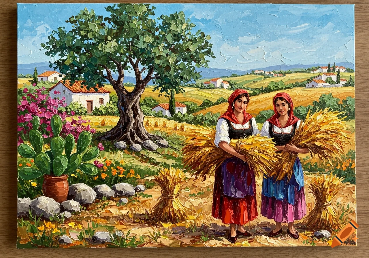 Vibrant impasto painting of two women in traditional dress carrying wheat in a sunny rural landscape with an olive tree and houses.