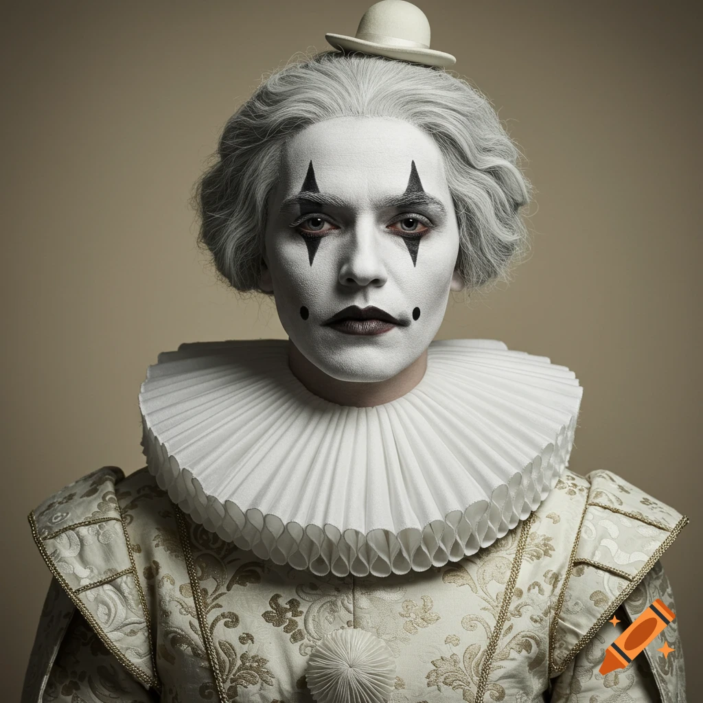 A photorealistic portrait of an elegant clown with white-painted face, black makeup, grey hair, tiny hat, white ruff, and golden embroidered costume.