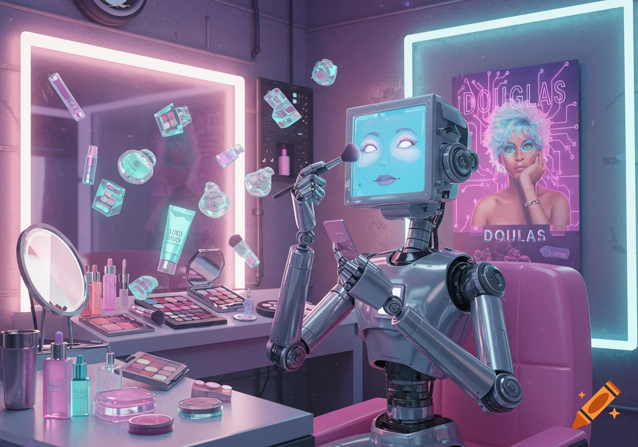 A futuristic robot with a screen head applies makeup at a vanity table, surrounded by floating cosmetic products. A neon-lit poster is in the background.