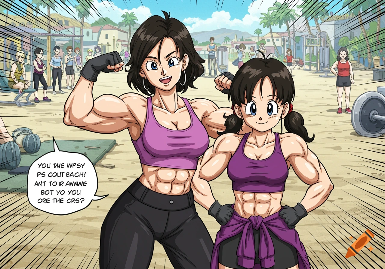 Two muscular anime women, Videl and her mom, pose at a sunny outdoor beach gym in a comic strip style.