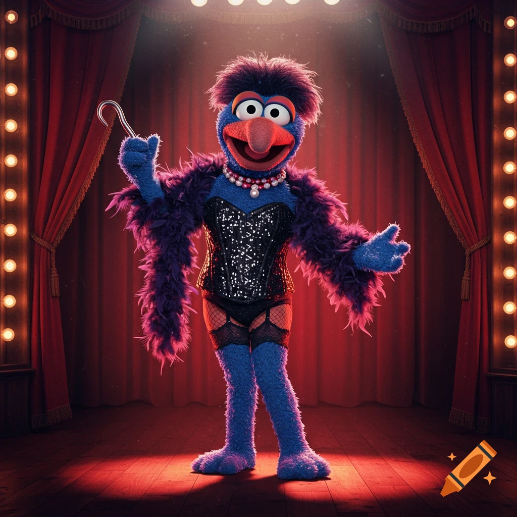 Gonzo the Muppet dressed as Frank-N-Furter in a sequin corset, fishnets, and boa on a red stage.