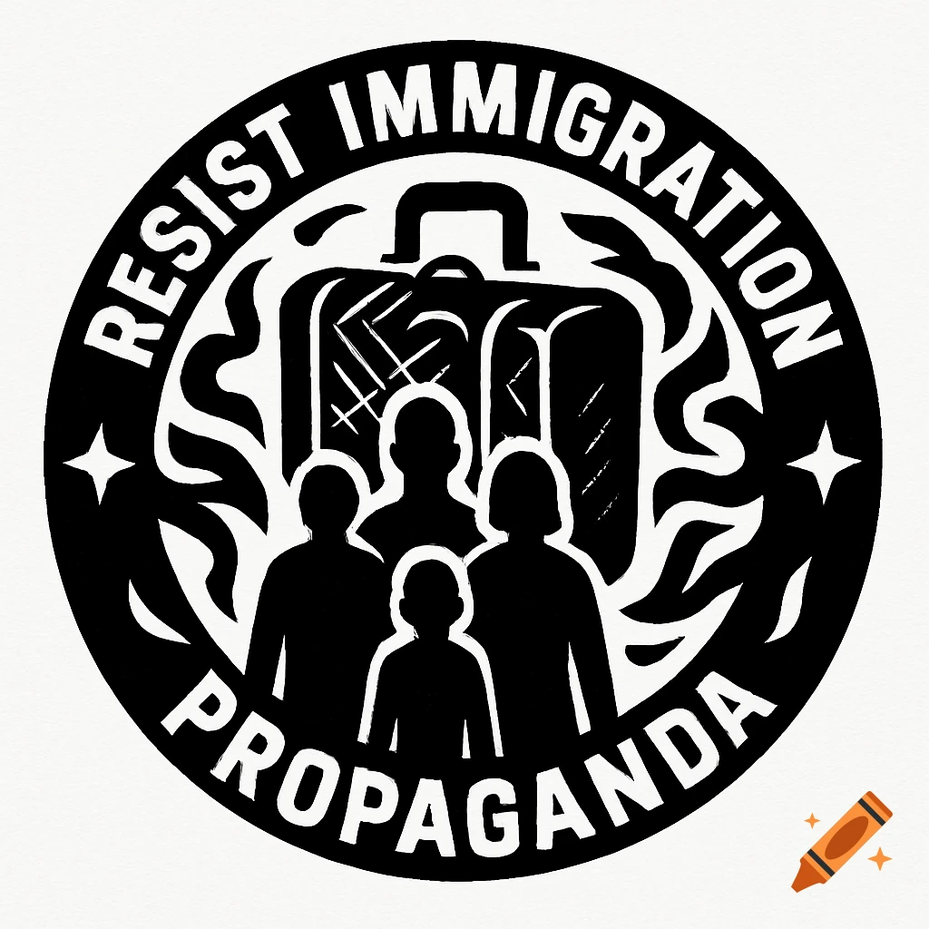 A black and white circular logo reads "RESIST IMMIGRATION PROPAGANDA" surrounding silhouettes of a family and a suitcase in the center.
