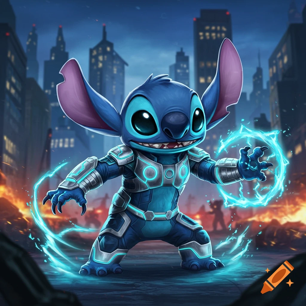 Stitch, the blue alien, in a glowing sci-fi superhero suit, wielding electric energy in a burning city.