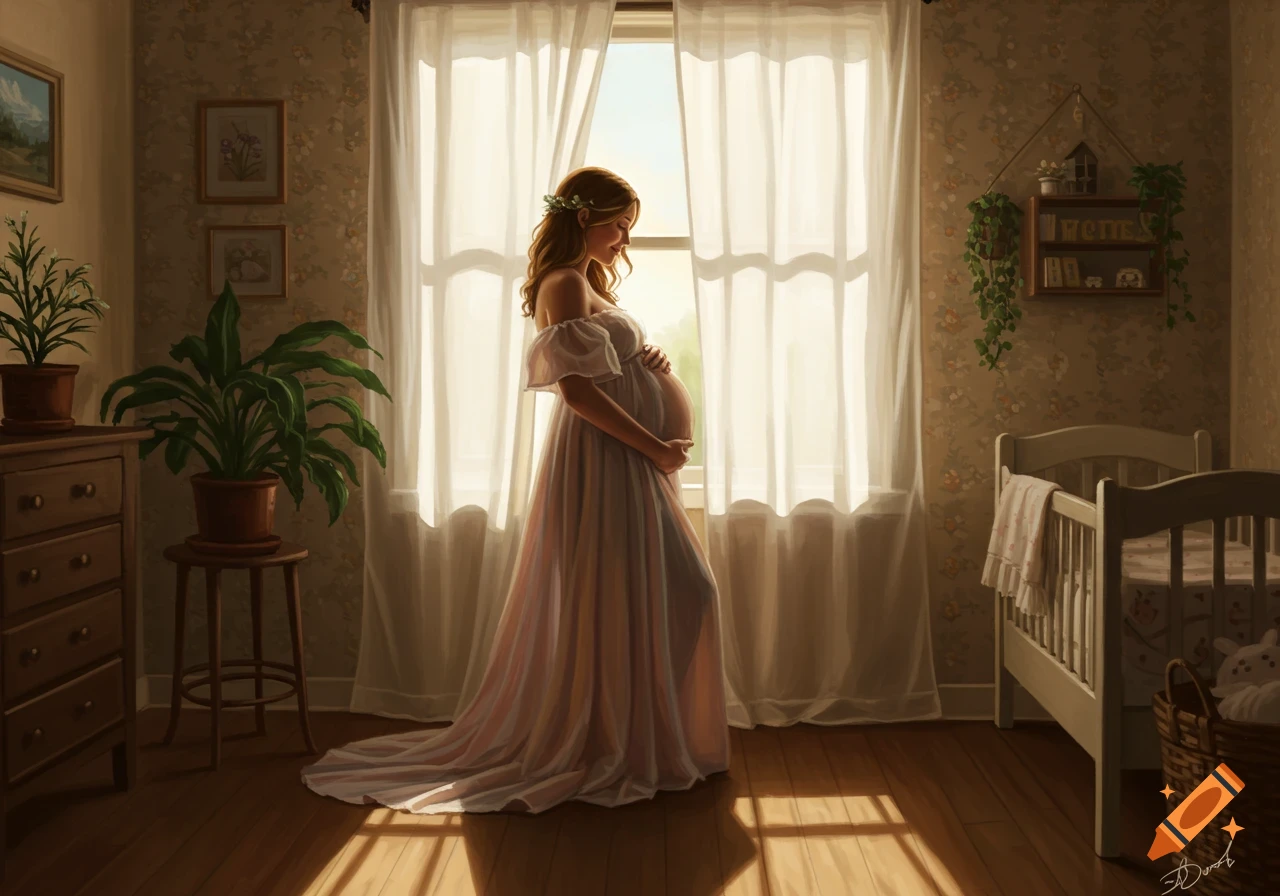 A pregnant woman in a flowing dress stands by a sunlit window in a warm, cozy room with a crib and plants, in a painterly style.