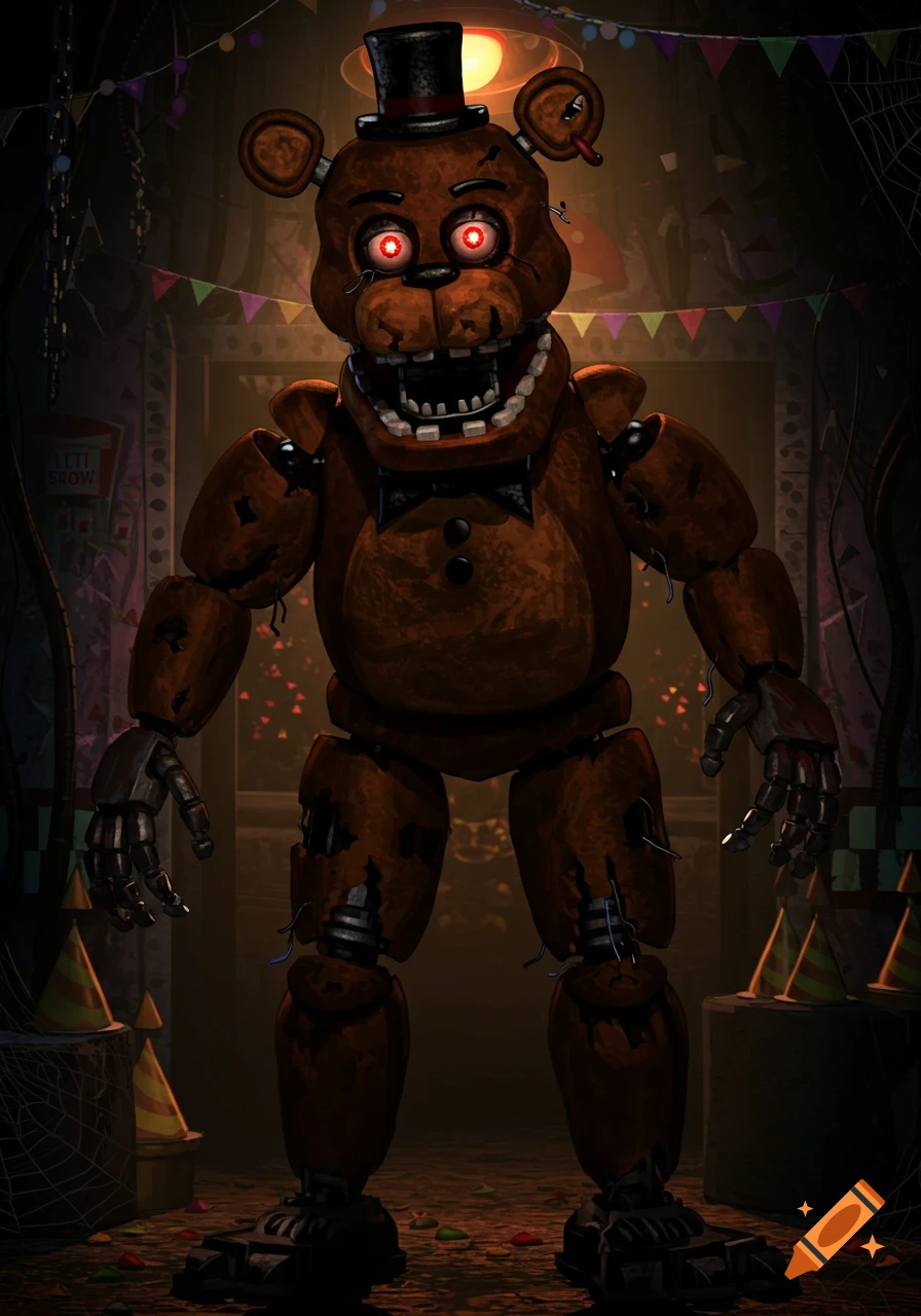 A creepy, worn brown animatronic bear with glowing red eyes, a top hat, and bow tie stands in a dark, dilapidated party room.
