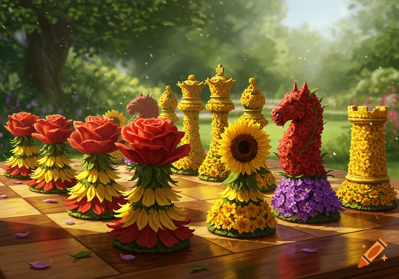 Vibrant floral chess pieces, including red roses, yellow sunflowers, and other flower-sculpted pieces, on a wooden board in a lush garden.