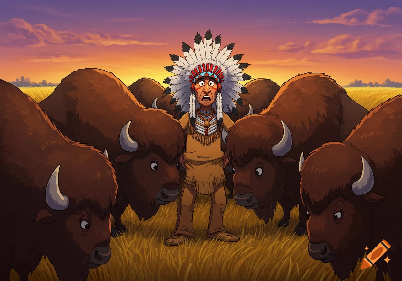 A scared cartoon Native American chief wearing a feather headdress is squeezed by several large brown buffalo in a golden grassy field at sunset.