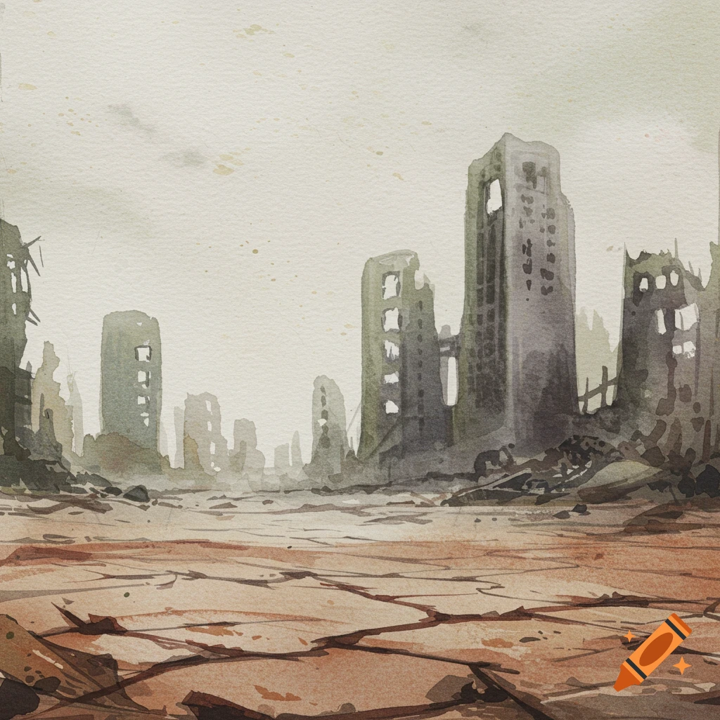 Watercolor painting of a desolate, ruined city with crumbling buildings and cracked earth.