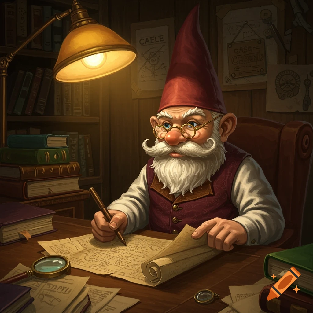 A D&D style gnome investigator with a large mustache and glasses sits at a desk under a lamp, writing on a map, surrounded by books and papers.