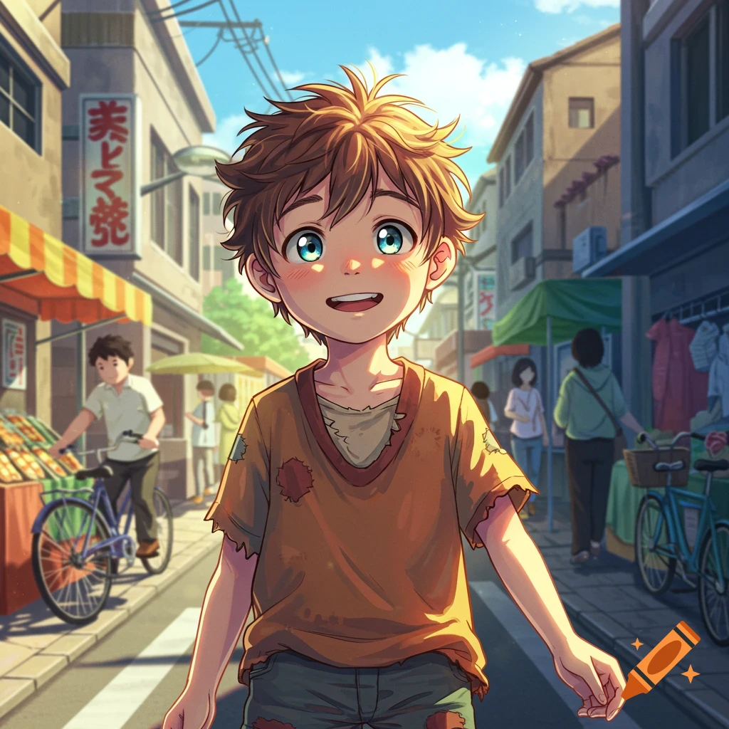 An anime-style young boy with spiky brown hair and big blue eyes smiles while walking through a bustling street market under a sunny sky.