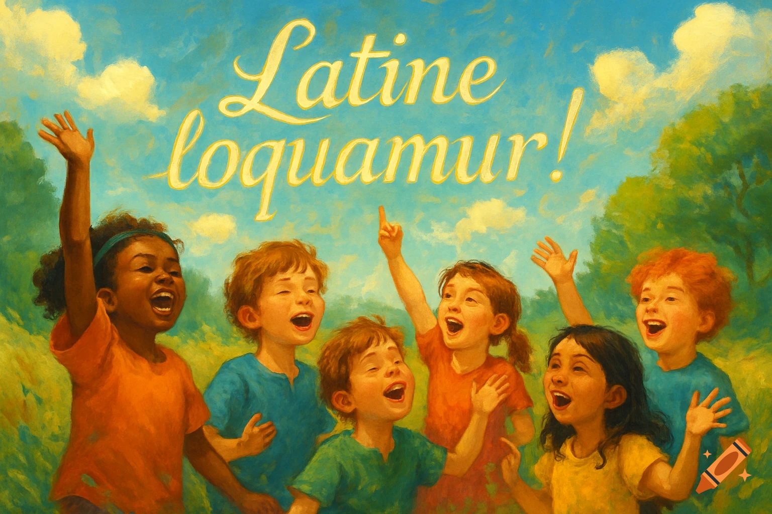 Joyful children with open mouths and raised hands beneath the words 'Latine loquamur!' in a vibrant, painterly outdoor scene.