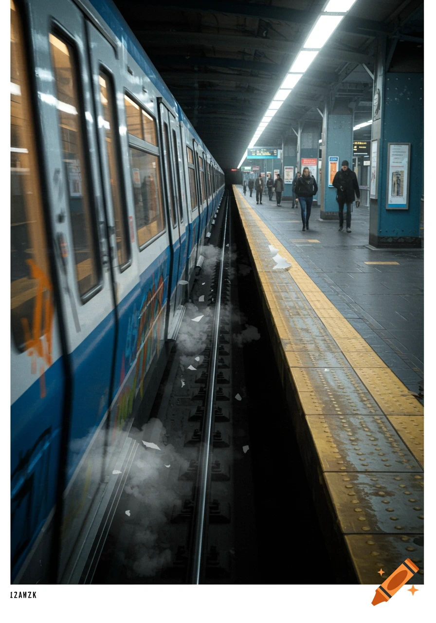 A blue and white train speeds past a subway platform with people waiting, seen from a low angle in a dark station.