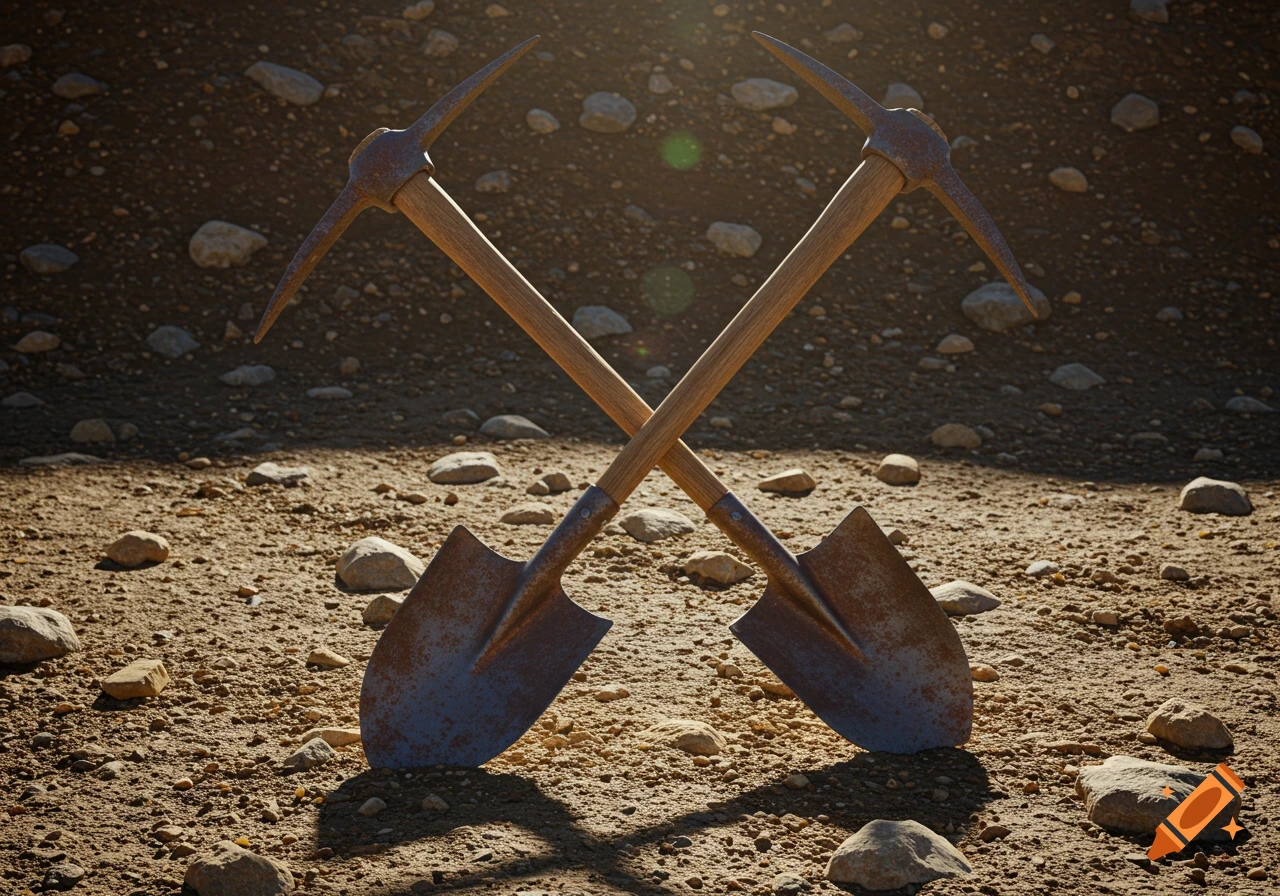 Two rusted pickaxes and shovels crossed on dusty, rocky ground under sunlight.