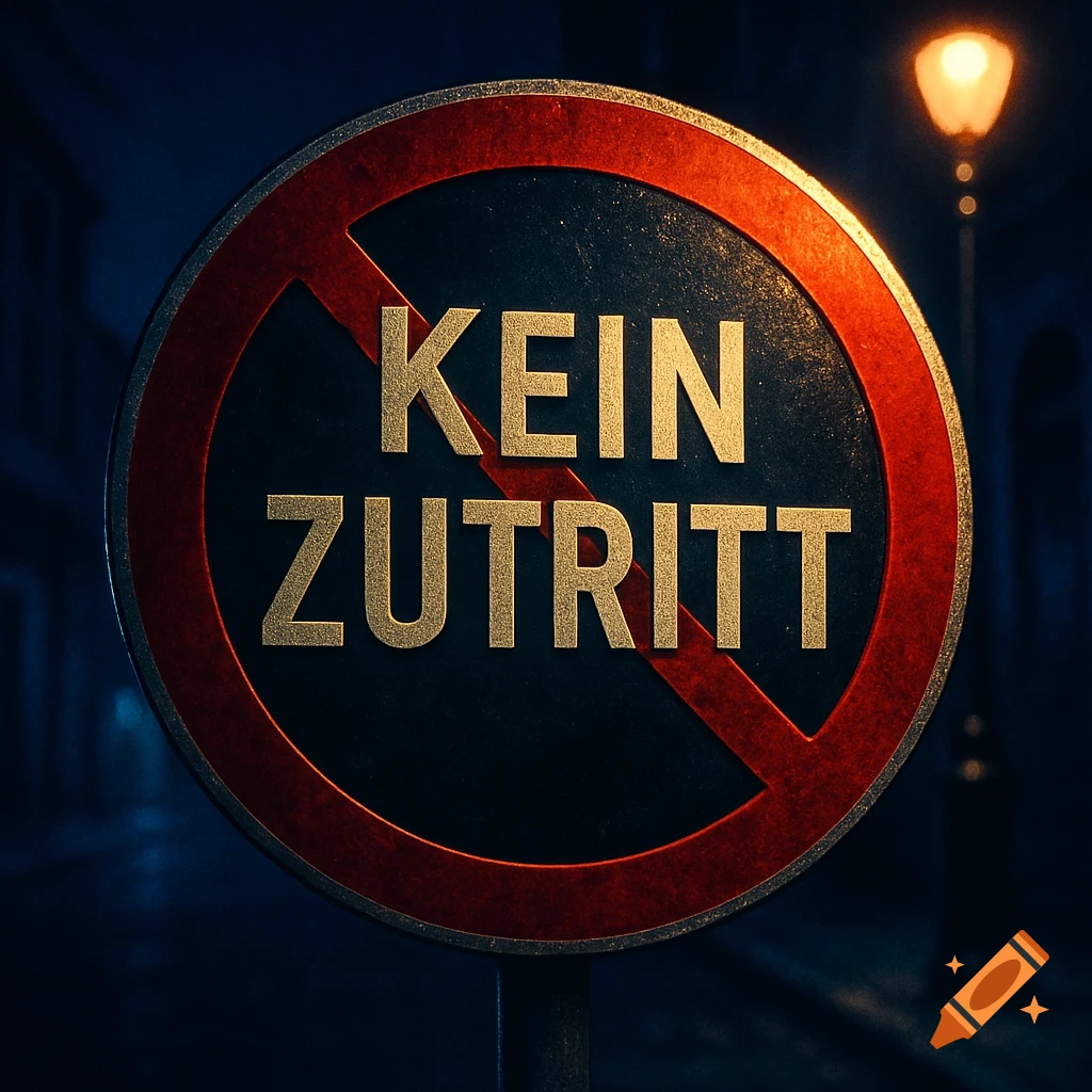 A round no entry sign with "KEIN ZUTRITT" in gold letters, set against a dark, blurry street background with a glowing street lamp.