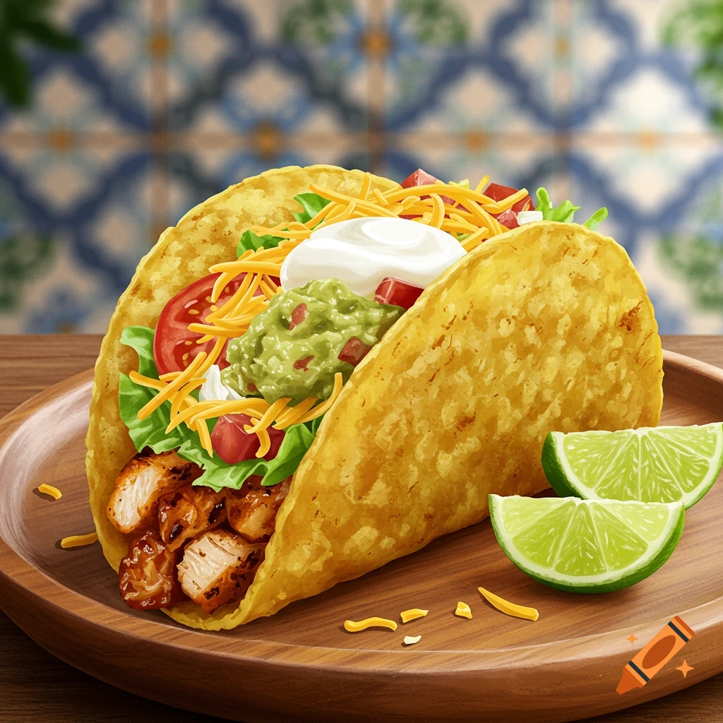 An illustrated chicken taco filled with lettuce, cheese, tomatoes, guacamole, and sour cream, served on a wooden plate with lime wedges.