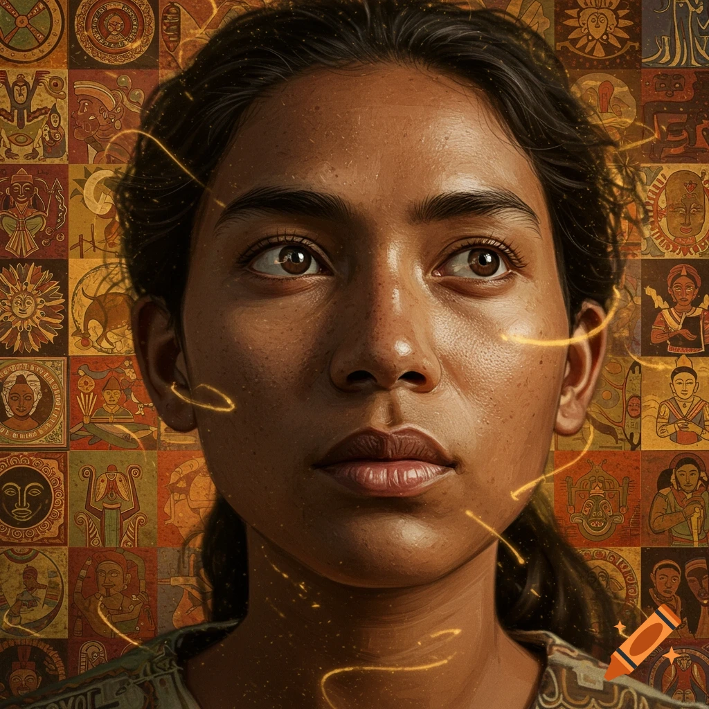 A close-up portrait of a person with dark skin and hair, looking slightly upwards. Golden light trails shimmer around their face against a background of intricate, colorful ancient-style patterned tiles.