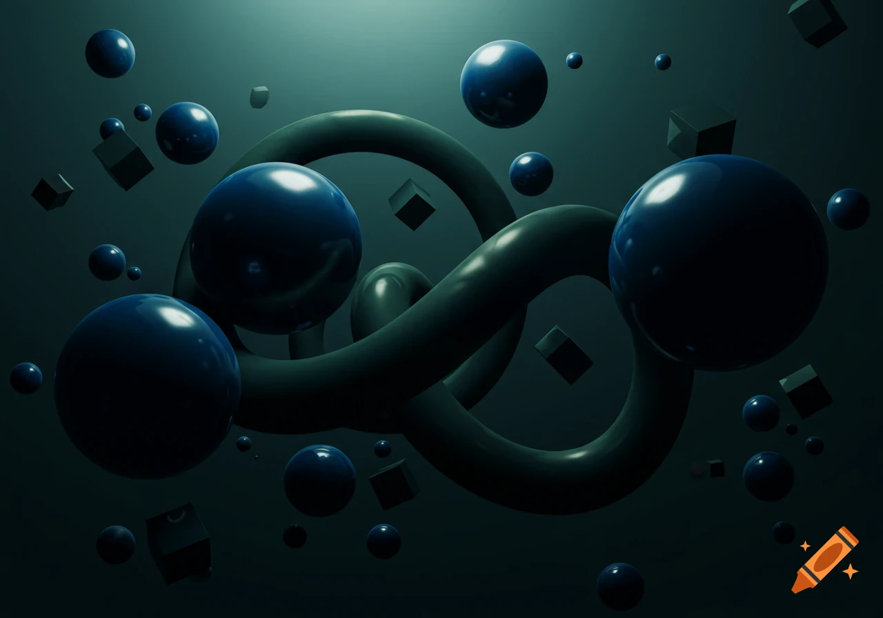 Abstract 3D rendering featuring dark blue spheres and cubes floating around intertwining dark teal tube shapes in a mysterious virtual space.