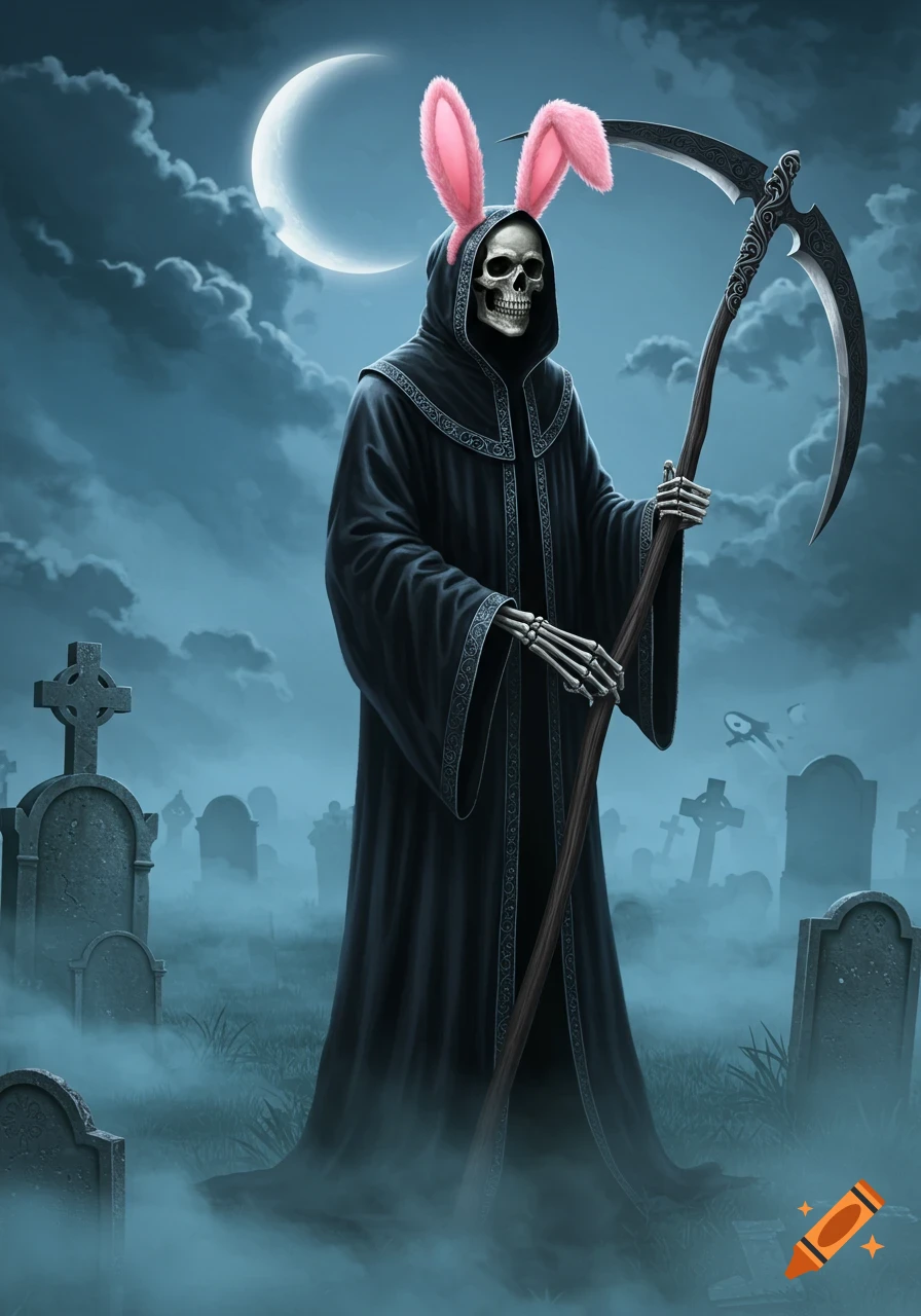 Pink Reapper A dark fantasy illustration of the Grim Reaper wearing pink bunny ears ...