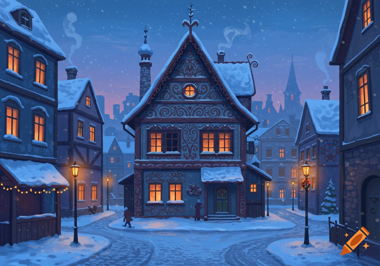 A whimsical 2D illustration of a snowy winter town at dusk. Warm lights glow from windows and streetlights, illuminating cobblestone streets and ornate houses covered in snow.