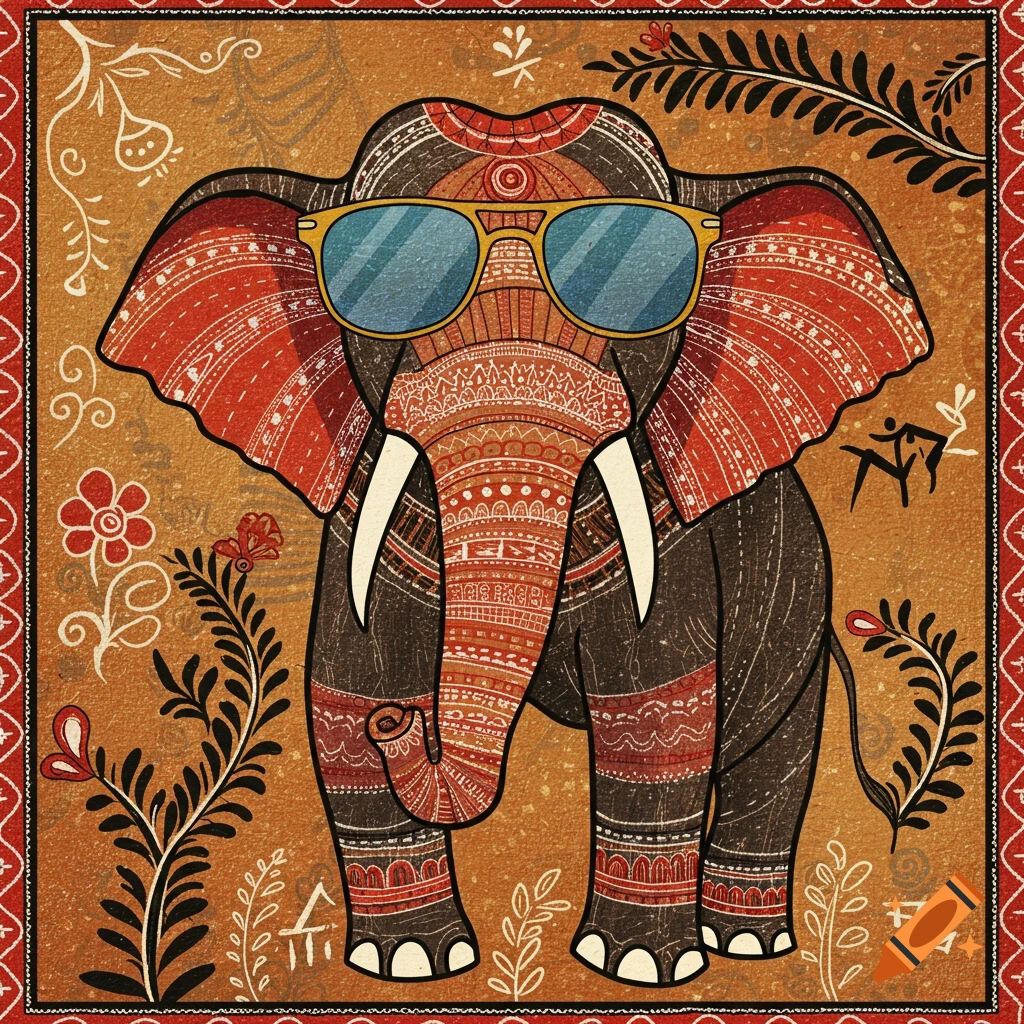 A stylized illustration of a cheeky elephant in Gond tribal art style, wearing blue sunglasses, against a patterned orange background with floral motifs.
