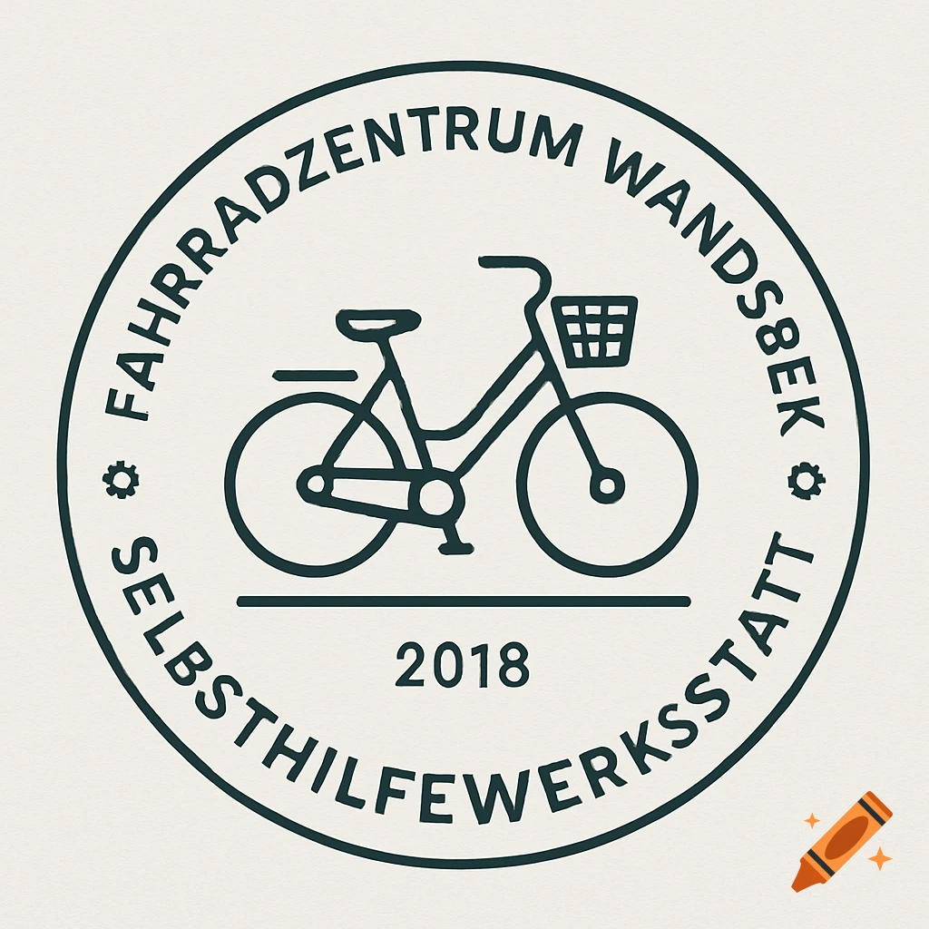 Circular line art logo for a bicycle center with a stylized bike, basket, and text 'Fahrradzentrum Wandsbek Selbsthilfewerkstatt 2018'.