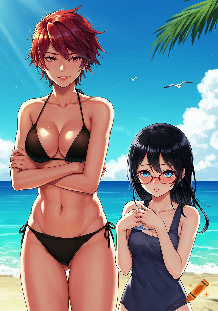 Two anime girls on a sunny beach; one with red hair in a black bikini, another with black hair and glasses in a dark swimsuit.