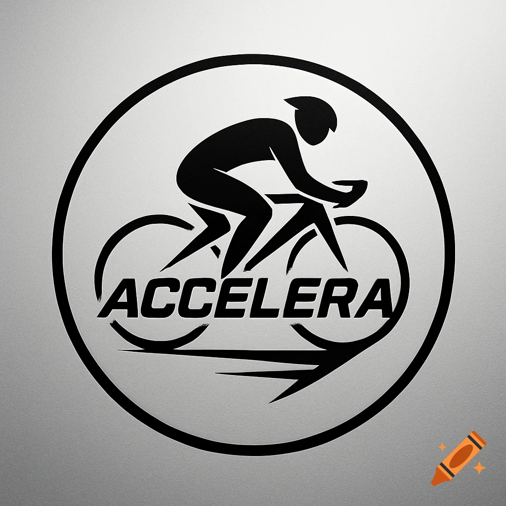 A black and white logo of a stylized cyclist on a bicycle within a circle, with the word "ACCELERA" below.