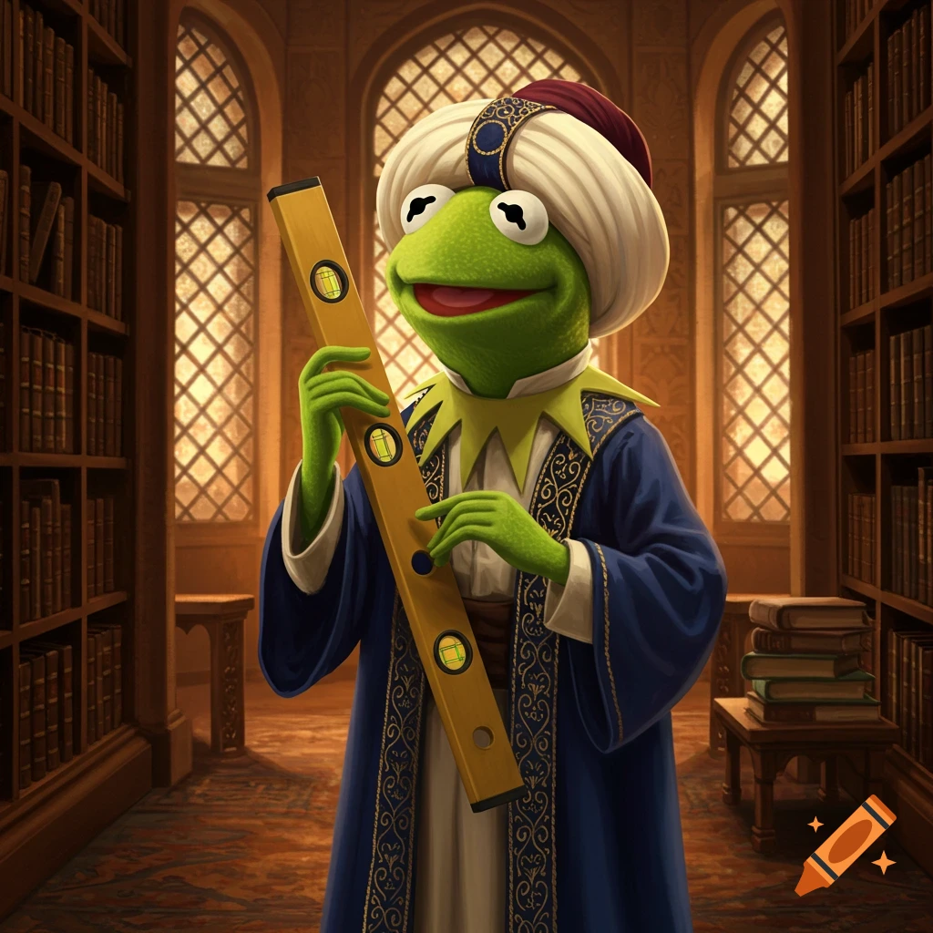 Kermit the Frog dressed as a scholar, wearing a turban and blue robe, holding a spirit level in a library.