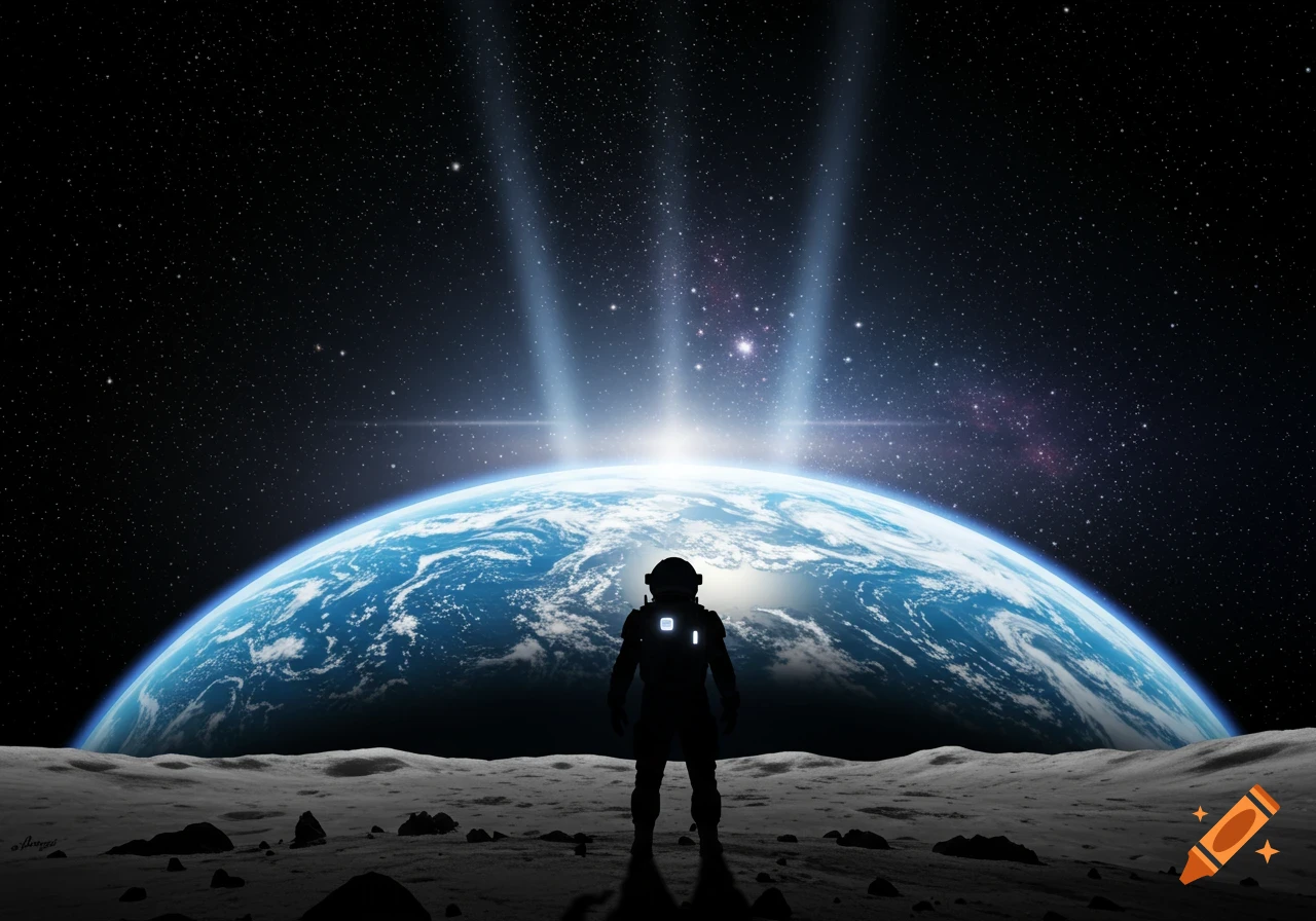 A silhouette of an astronaut stands on the moon, looking up at a large Earth rising above the horizon, with rays of light emanating from behind it into a starry sky.