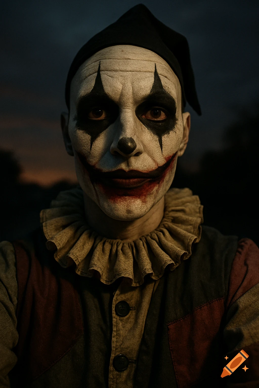 Photorealistic close-up portrait of a person in unsettling horror clown makeup, featuring white face paint, black eye streaks, and a bloody red smile, wearing a ruffled collar and dark jester hat.
