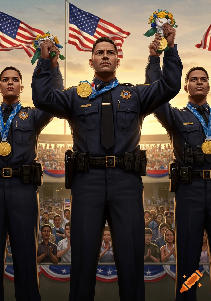 Three individuals in dark police-like uniforms stand with American flags in the background, holding gold medals and floral bouquets above their heads as a crowd watches.