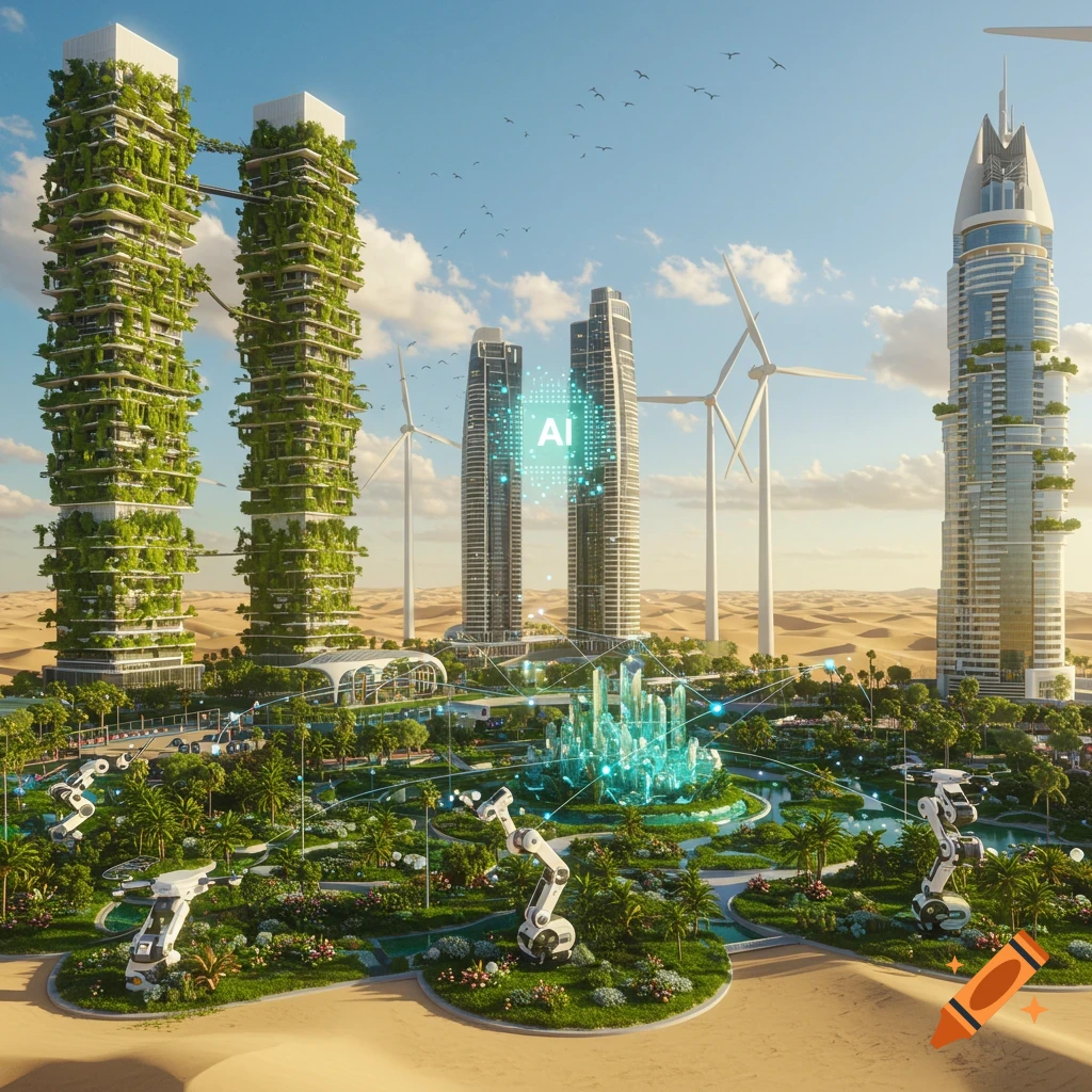 A futuristic sustainable city in the desert with green buildings, wind turbines, and robots, with "AI" glowing on a skyscraper.