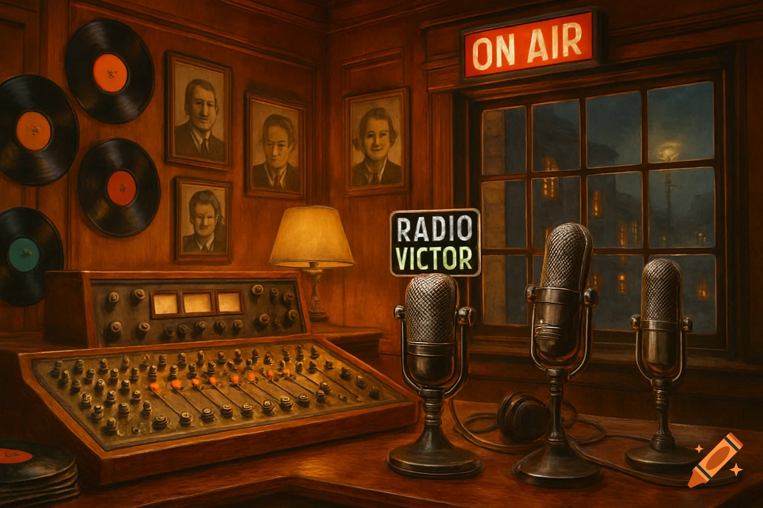 An old-fashioned radio studio with three microphones, a mixing board, records, and an 'ON AIR' sign glowing red above a window.