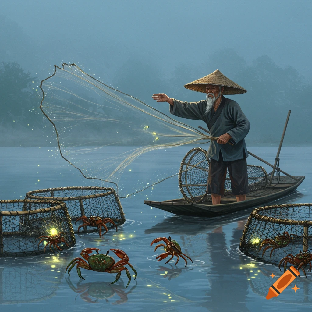 Old Chinese fisherman in a straw hat casts a glowing net from a boat, surrounded by glowing crabs and traps in misty water, in an illustrative style.
