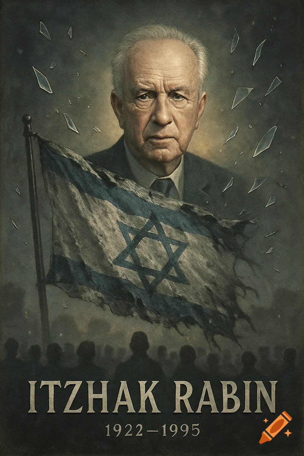 A solemn portrait of Itzhak Rabin, an Israeli flag with a Star of David, a crowd silhouette, and shattered glass elements, with text "ITZHAK RABIN 1922-1995" below.