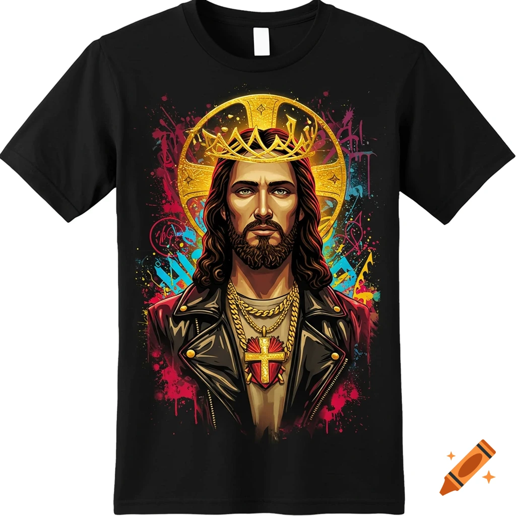Stylized portrait of Jesus wearing a crown, a leather jacket, gold chains, and a cross pendant, against a vibrant graffiti background on a black t-shirt.