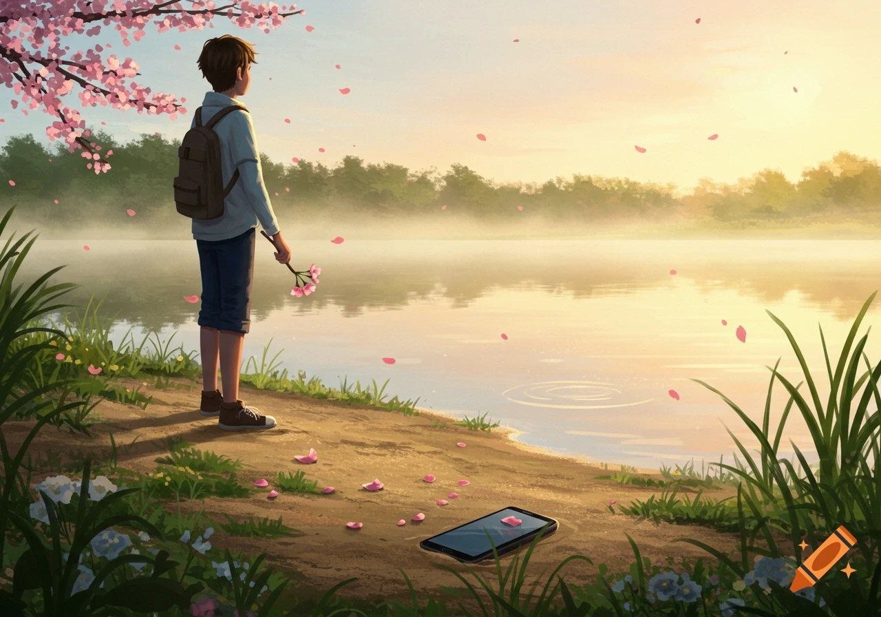 An anime-style boy with a backpack holds cherry blossoms, looking out at a misty lake under a blooming cherry tree, with a phone on the ground.