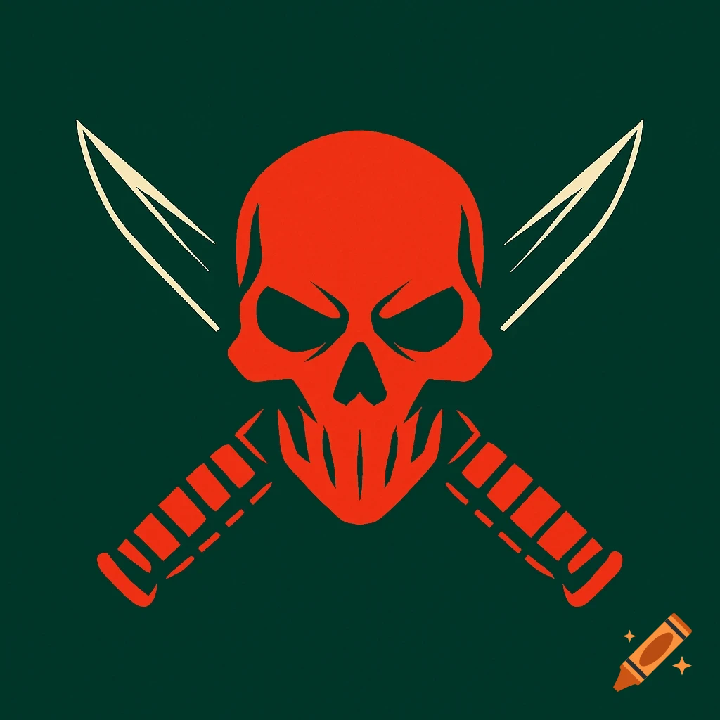 A stylized red skull with menacing eyes and teeth, crossed by two white knives, all against a dark green background in a minimalist, graphic style.