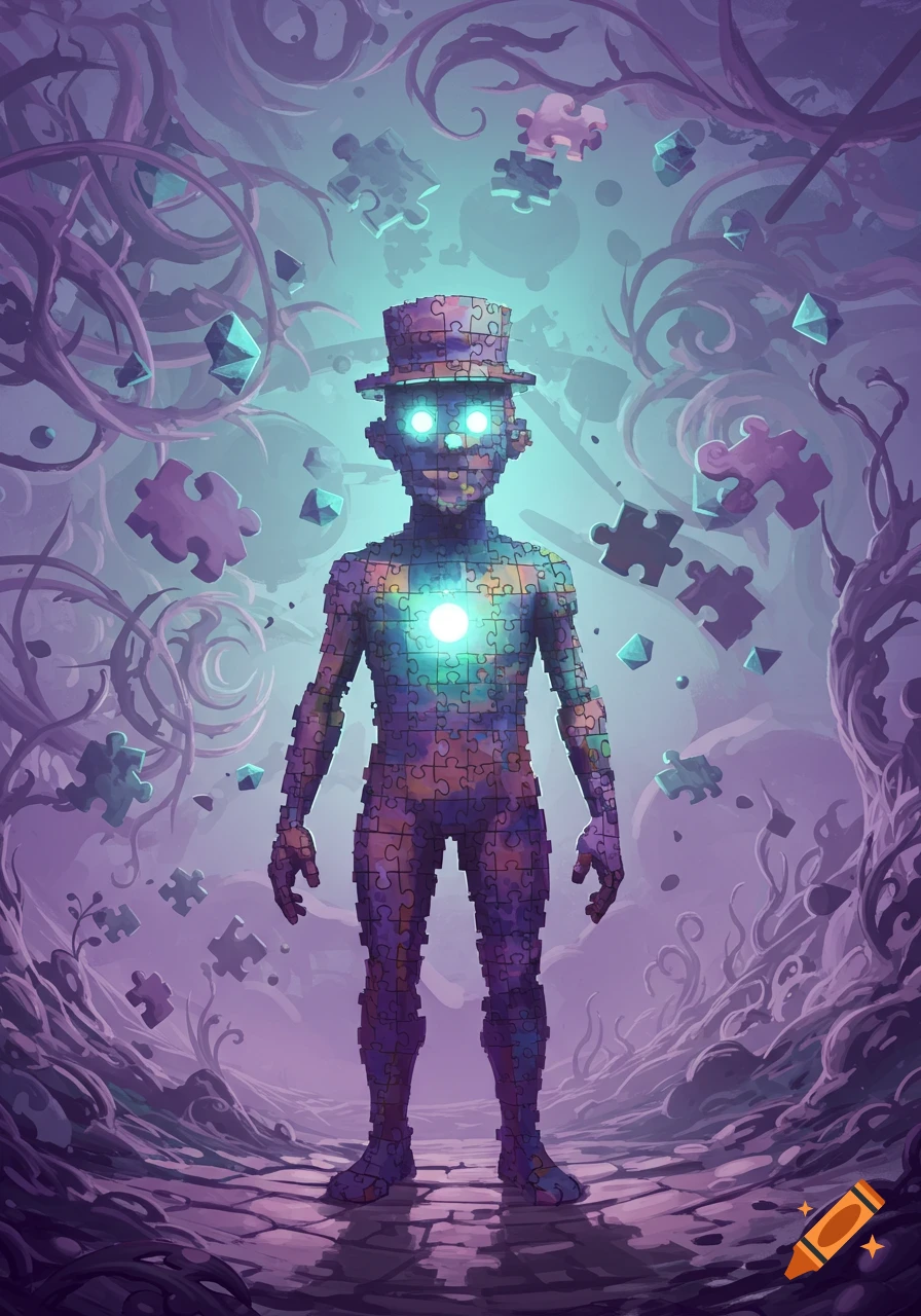 A humanoid figure made of colorful puzzle pieces with glowing eyes and chest, wearing a top hat, stands in a surreal purple and cyan environment with floating puzzle pieces.