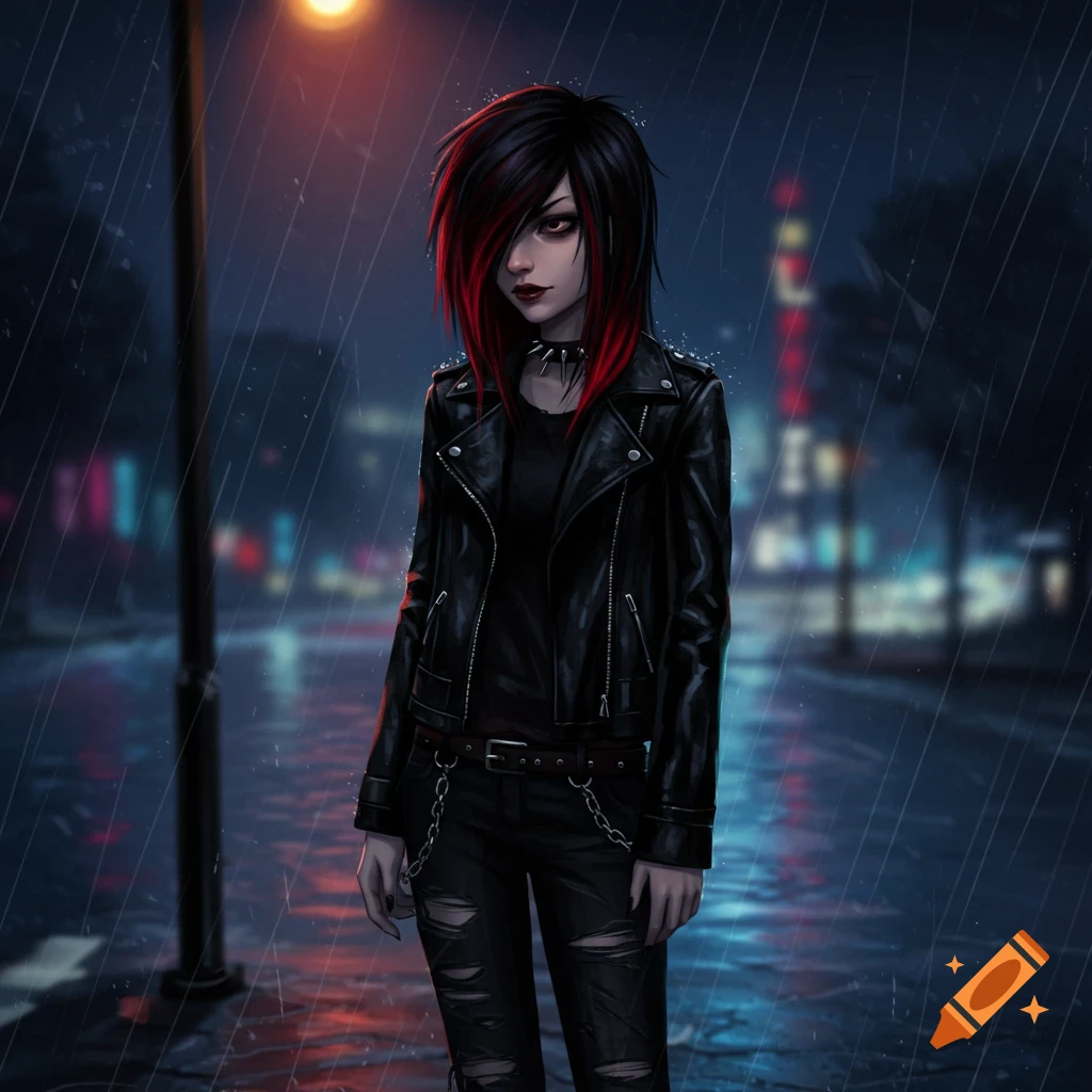 A digital illustration of an emo girl with black and red hair, a leather jacket, and ripped jeans standing in the rain at night under a street light.