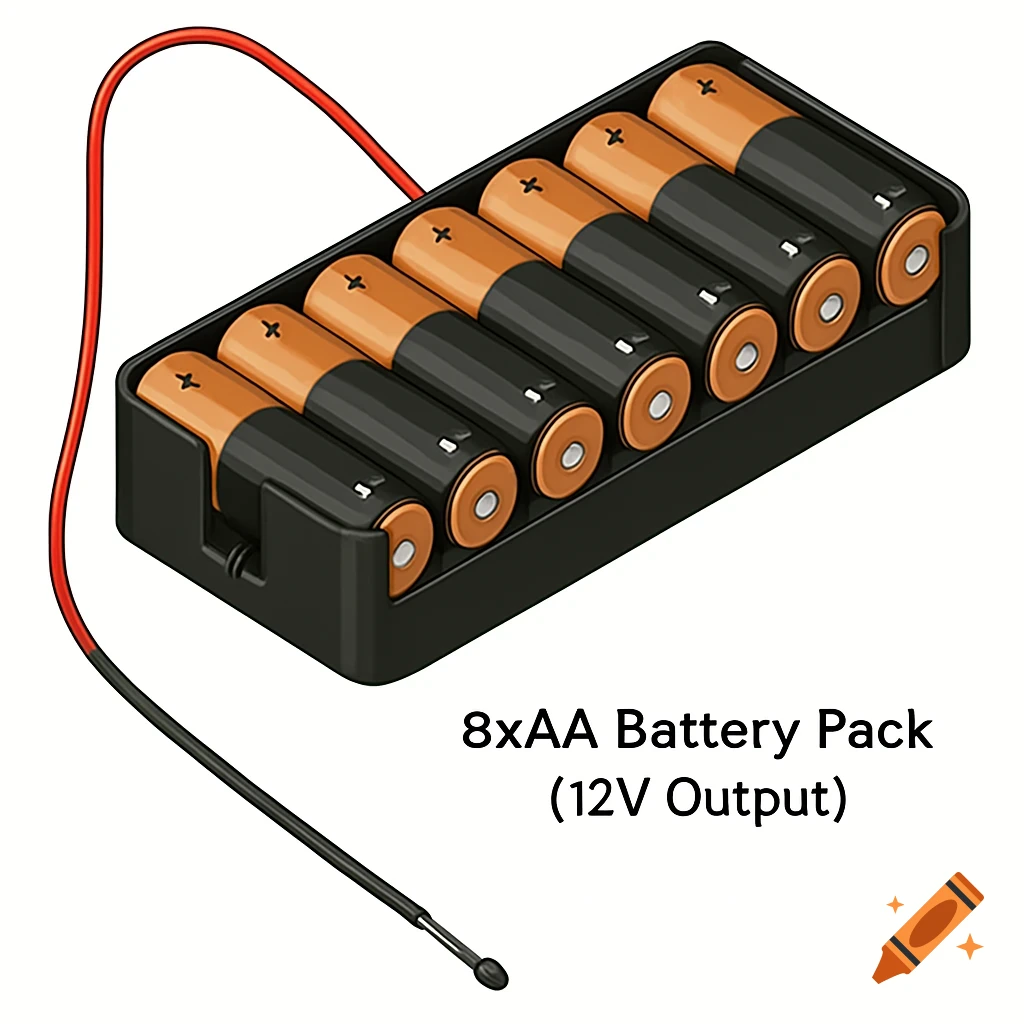 A 3D vector schematic of a black 8xAA battery pack with eight orange and black batteries and wires, labeled "8xAA Battery Pack (12V Output)".